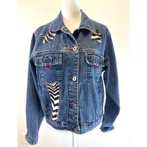 B.U.M. Jean Embellished Denim Jacket Zebra Print Stars & Red Accents Button-Up